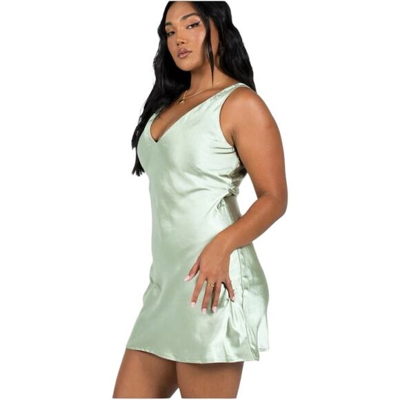 PRINCESS POLLY Norma Satin Mini Dress Green Slip V Neck Tie Waist Size 4 Small - Picture 1 of 6